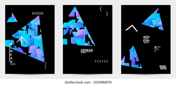 Abstract flyer templates with triangle filled with bright colored stripes on black. Dynamic modern design with geometric shapes. Simple colorful futuristic elements.