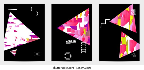 Abstract flyer templates with triangle filled with bright colored stripes on black. Dynamic modern design with geometric shapes. Simple colorful futuristic elements.