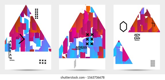 Abstract flyer templates with triangle filled with bright colored stripes on white. Dynamic modern design with geometric shapes. Simple colorful futuristic elements.
