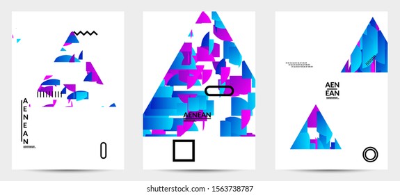 Abstract flyer templates with triangle filled with bright colored stripes on white. Dynamic modern design with geometric shapes. Simple colorful futuristic elements.