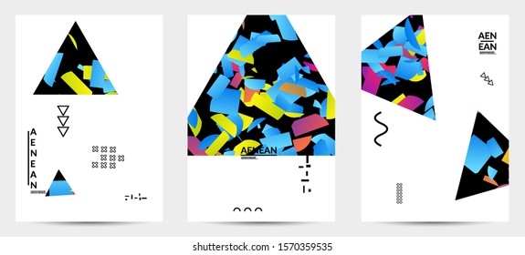 Abstract flyer templates with triangle filled with bright colored stripes on white. Dynamic modern design with geometric shapes. Simple colorful futuristic elements.