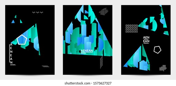 Abstract flyer templates with triangle filled with bright colored stripes on black. Dynamic modern design with geometric shapes. Simple colorful futuristic elements.