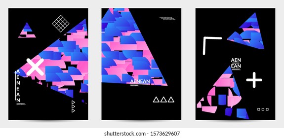 Abstract flyer templates with triangle filled with bright colored stripes on black. Dynamic modern design with geometric shapes. Simple colorful futuristic elements.