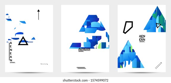 Abstract flyer templates with triangle filled with bright colored stripes on white. Dynamic modern design with geometric shapes. Simple colorful futuristic elements.