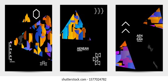 Abstract flyer templates with triangle filled with bright colored stripes on black. Dynamic modern design with geometric shapes. Simple colorful futuristic elements.