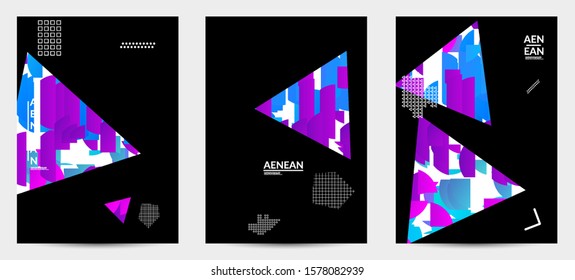 Abstract flyer templates with triangle filled with bright colored stripes on black. Dynamic modern design with geometric shapes. Simple colorful futuristic elements.