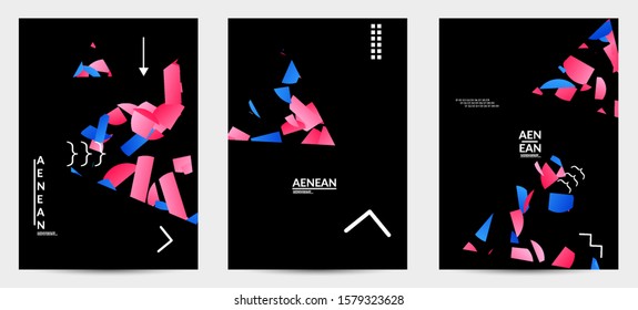 Abstract flyer templates with triangle filled with bright colored stripes on black. Dynamic modern design with geometric shapes. Simple colorful futuristic elements.