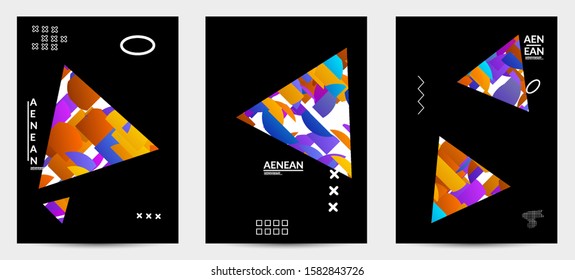 Abstract flyer templates with triangle filled with bright colored stripes on black. Dynamic modern design with geometric shapes. Simple colorful futuristic elements.