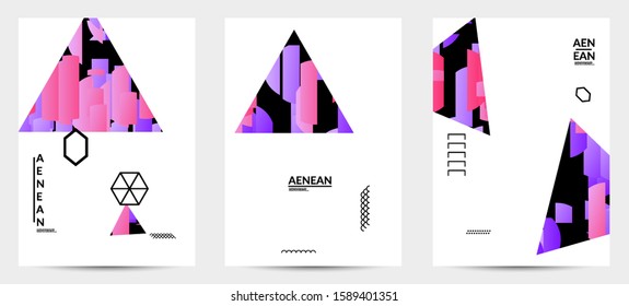 Abstract flyer templates with triangle filled with bright colored stripes on white. Dynamic modern design with geometric shapes. Simple colorful futuristic elements.