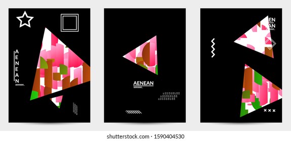 Abstract flyer templates with triangle filled with bright colored stripes on black. Dynamic modern design with geometric shapes. Simple colorful futuristic elements.