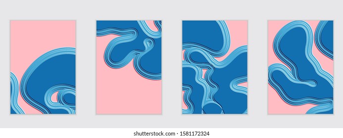 Abstract flyer templates with wavy embossed shapes on colored background. Social media web banner or landing page. Abstract paper cut 3d layered topographic background.