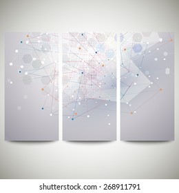 Abstract flyers set, molecular vector design. Molecule structure, blue background for communication, science vector illustration.
