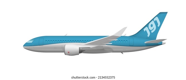 Abstract Flying Airplane Side View With Blue Livery And JGJ Text On Tail. EPS10 Vector