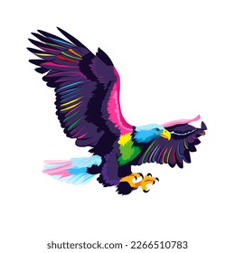 Abstract Flying bald eagle from multicolored paints. Splash of watercolor, colored drawing, realistic. Vector illustration of paints