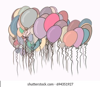 Abstract flying balloons illustrations background. Also for birthday party or celebrations. Cartoon style vector graphic.