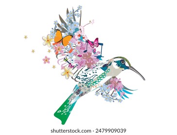 Abstract flying bird decorated with summer and spring flowers, notes, butterflies. Light and relax music. Hand drawn vector illustration.