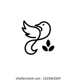 Abstract flying bird logo with leaves. Outline bird silhouette logo