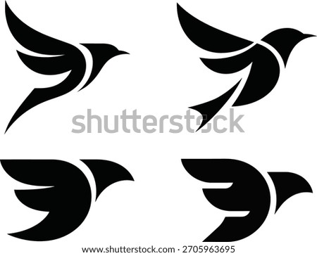 Abstract flying bird logo set. Freedom, motion, and spirit vector icons design featuring stylized black bird in flight.