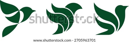Abstract flying bird logo set. Freedom, motion, and spirit vector icons design featuring stylized green bird in flight.