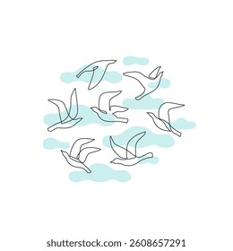 Abstract flying birds continuous line drawing on cloudy background. Freedom concept. Bird silhouettes of pigeons, doves one line art. Vector illustration for minimal poster, template, print