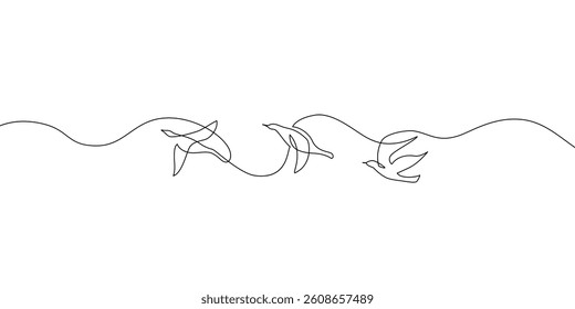 Abstract flying birds continuous line drawing isolated on white background. Freedom concept. Bird silhouettes of pigeons, doves one line art. Vector illustration for minimal poster, template, print