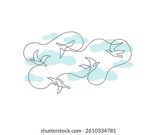 Abstract flying birds continuous line drawing on cloudy background. Freedom concept. Bird silhouettes of pigeons, doves one line art. Vector illustration for minimal poster, template, print