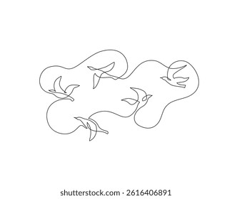 Abstract flying birds continuous line drawing isolated on white background. Freedom concept. Bird silhouettes of pigeons, doves one line art. Vector illustration for minimal poster, template, print
