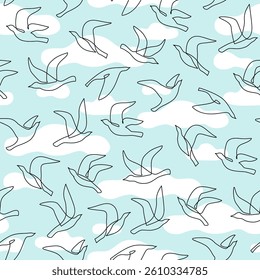 Abstract flying birds on clouds background. Freedom concept. Line drawing of pigeons, doves seamless pattern. Bird silhouettes one line art. Vector illustration for minimal textile fabric print design