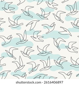 Abstract flying birds on clouds background. Freedom concept. Line drawing of pigeons, doves seamless pattern. Bird silhouettes one line art. Vector illustration for minimal textile fabric print design