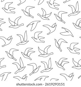 Abstract flying birds on white background. Freedom concept. Line drawing of pigeons, doves seamless pattern. Bird silhouettes one line art. Vector illustration for minimal textile fabric print design