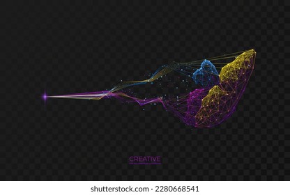 Abstract flying butterfly in polygons, lines and connected dots. Vivid Low Poly Wireframe butterfly on dark background. Digital vector illustration. Colorful creative concept.
