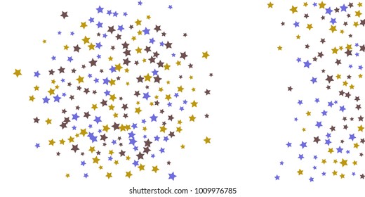 Abstract flying confetti star. A falling star background. Random stars shine on a white background. White background with blue and brown stars. Suitable for your design, cards, invitations, gifts.