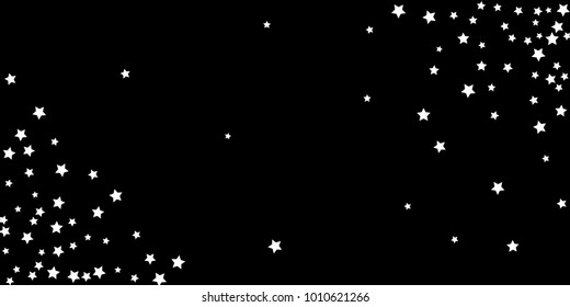 Abstract flying confetti star. A falling star background. Random white stars shine against a black background. Suitable for your design, cards, invitations, gifts.