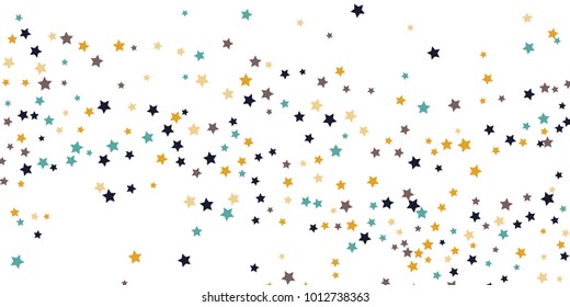 Abstract Flying Confetti Star. A Falling Star Background. White Background With Blue, Yellow And Brown Stars. Suitable For Your Design, Cards, Invitations, Gifts.