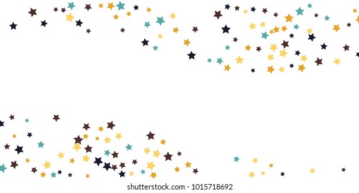 Abstract flying confetti star. A falling star background. White background with blue, yellow and brown stars. Suitable for your design, cards, invitations, gifts.