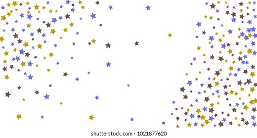 Abstract flying confetti star. A falling star background. Random stars shine on a white background. White background with blue and brown stars. Suitable for your design, cards, invitations, gifts.