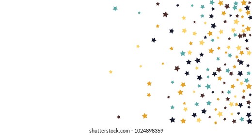 Abstract flying confetti star. A falling star background. White background with blue, yellow and brown stars. Suitable for your design, cards, invitations, gifts.