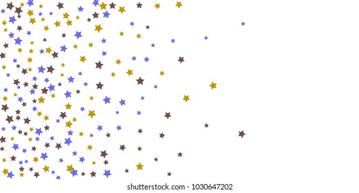 Abstract flying confetti star. A falling star background. Random stars shine on a white background. White background with blue and brown stars. Suitable for your design, cards, invitations, gifts.
