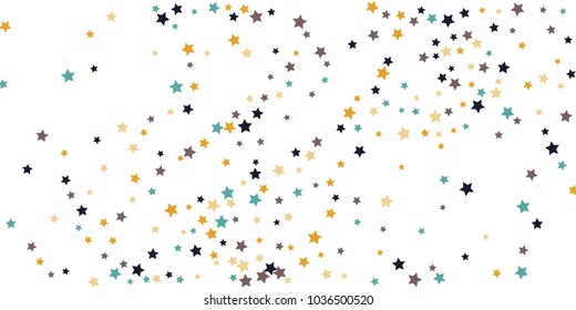 Abstract flying confetti star. A falling star background. White background with blue, yellow and brown stars. Suitable for your design, cards, invitations, gifts.