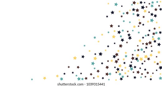 Abstract flying confetti star. A falling star background. White background with blue, yellow and brown stars. Suitable for your design, cards, invitations, gifts.