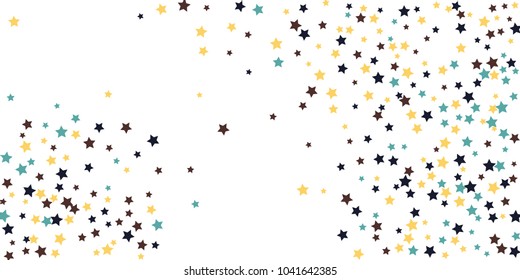 Abstract flying confetti star. A falling star background. White background with blue, yellow and brown stars. Suitable for your design, cards, invitations, gifts.