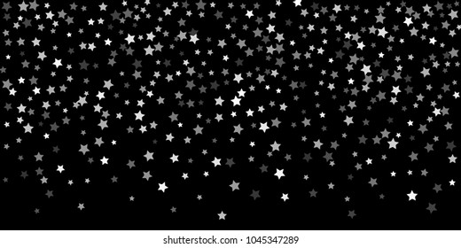 Abstract flying confetti star. A falling star background. Random white stars shine against a black background. Suitable for your design, cards, invitations, gifts.