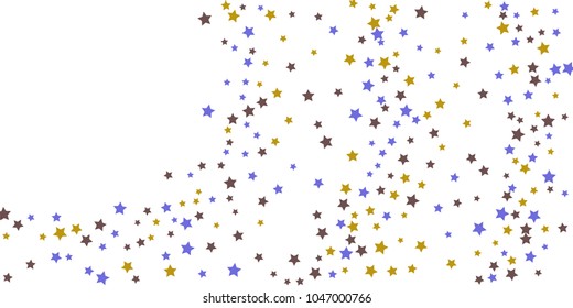 Abstract flying confetti star. A falling star background. Random stars shine on a white background. White background with blue and brown stars. Suitable for your design, cards, invitations, gifts.