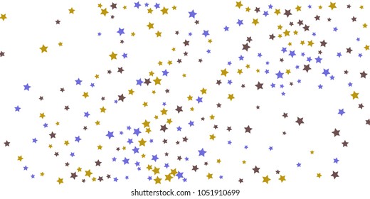Abstract flying confetti star. A falling star background. Random stars shine on a white background. White background with blue and brown stars. Suitable for your design, cards, invitations, gifts.