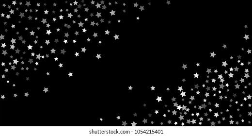 Abstract flying confetti star. A falling star background. Random white stars shine against a black background. Suitable for your design, cards, invitations, gifts.