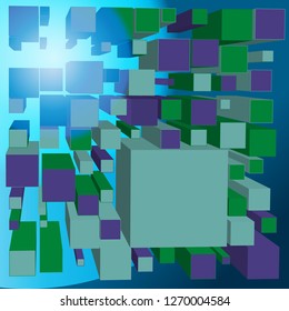 Abstract flying cubes - perspective background in 3d style. Simple vector illustration - futuristic backdrop. For computer science or big data design projects.