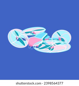 Dron volador abstracto al estilo de una caricatura aislado de fondo azul