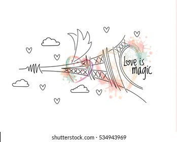 Abstract flying Eiffel Tower with wings illustrated with vector ombre print hearts with aquarelle blots and polka dots. Love is magic phrase. White background. Valentines day greeting card