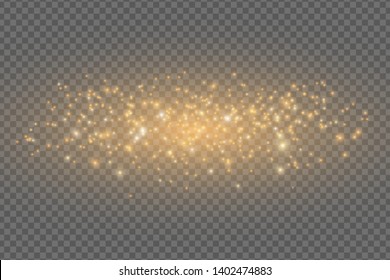 Abstract flying golden lights. Magical golden dust and glare isolated on transparent background. Festive Christmas lights. Cloud of sparkles. Vector illustration EPS 10