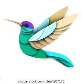 Abstract flying hummingbird isolated on white background. Creative 3d concept in craft paper cut style. Colorful minimal design character. Original vector cartoon illustration.